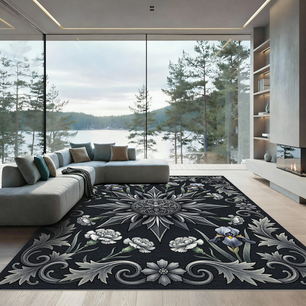 Monochrome Silver Floral Iris Medallion Rug