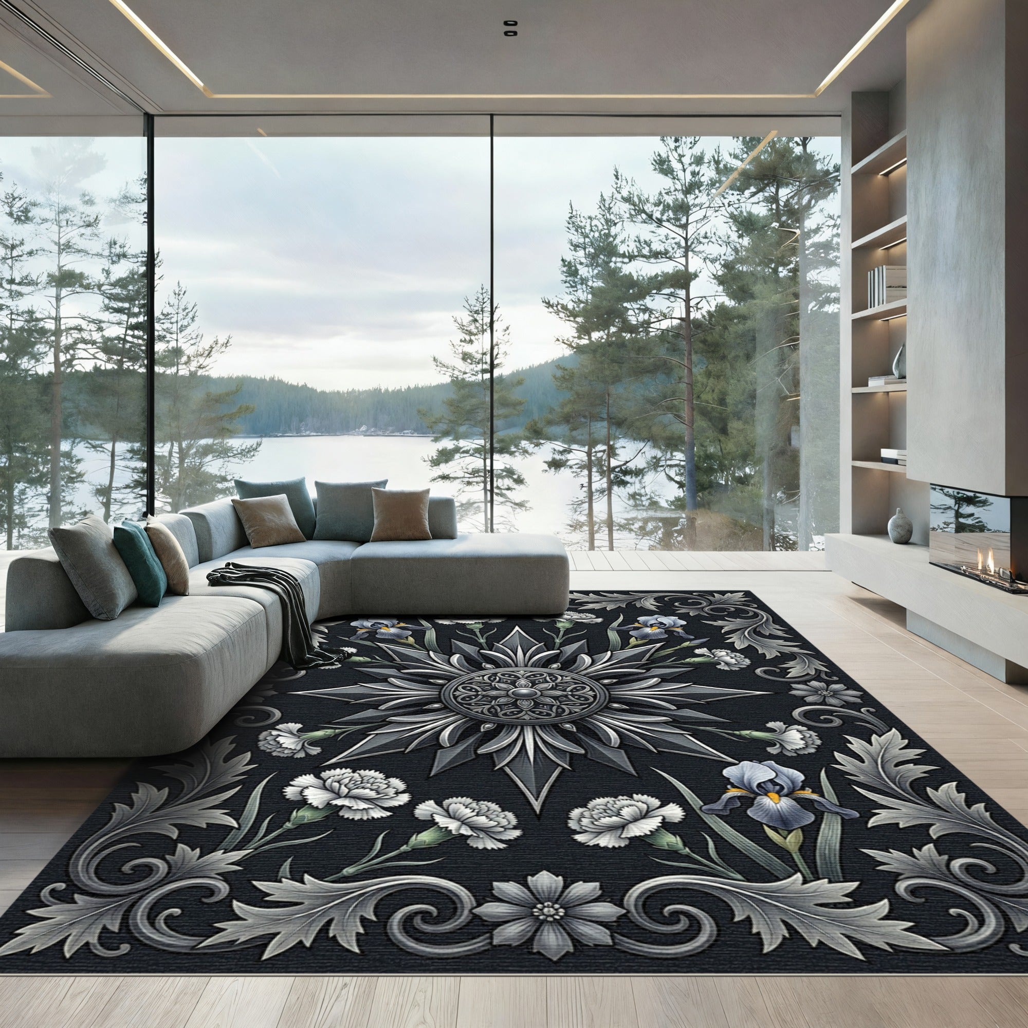 Monochrome Silver Floral Iris Medallion Rug