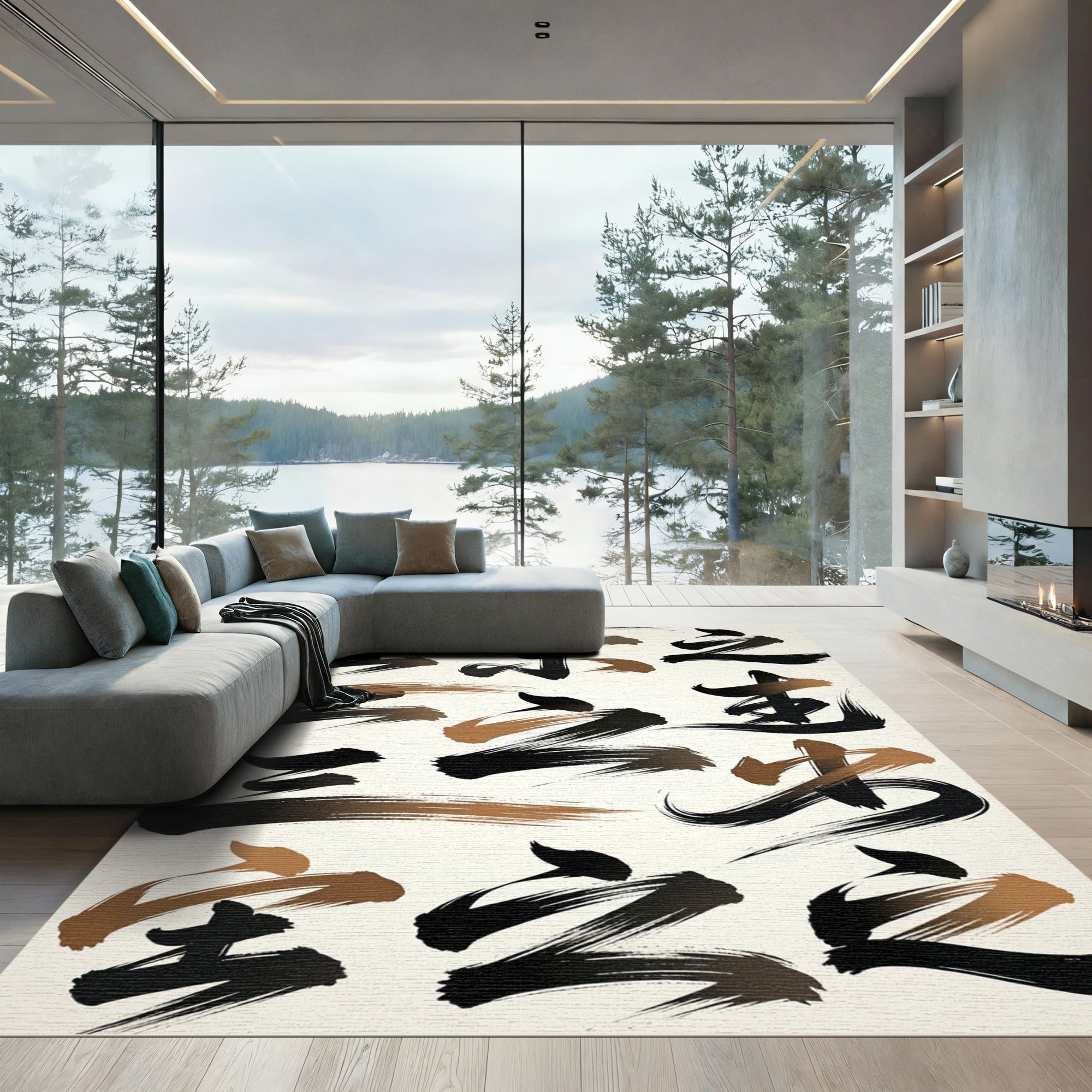 Ink Brushstrokes Black Gold Characters Rug