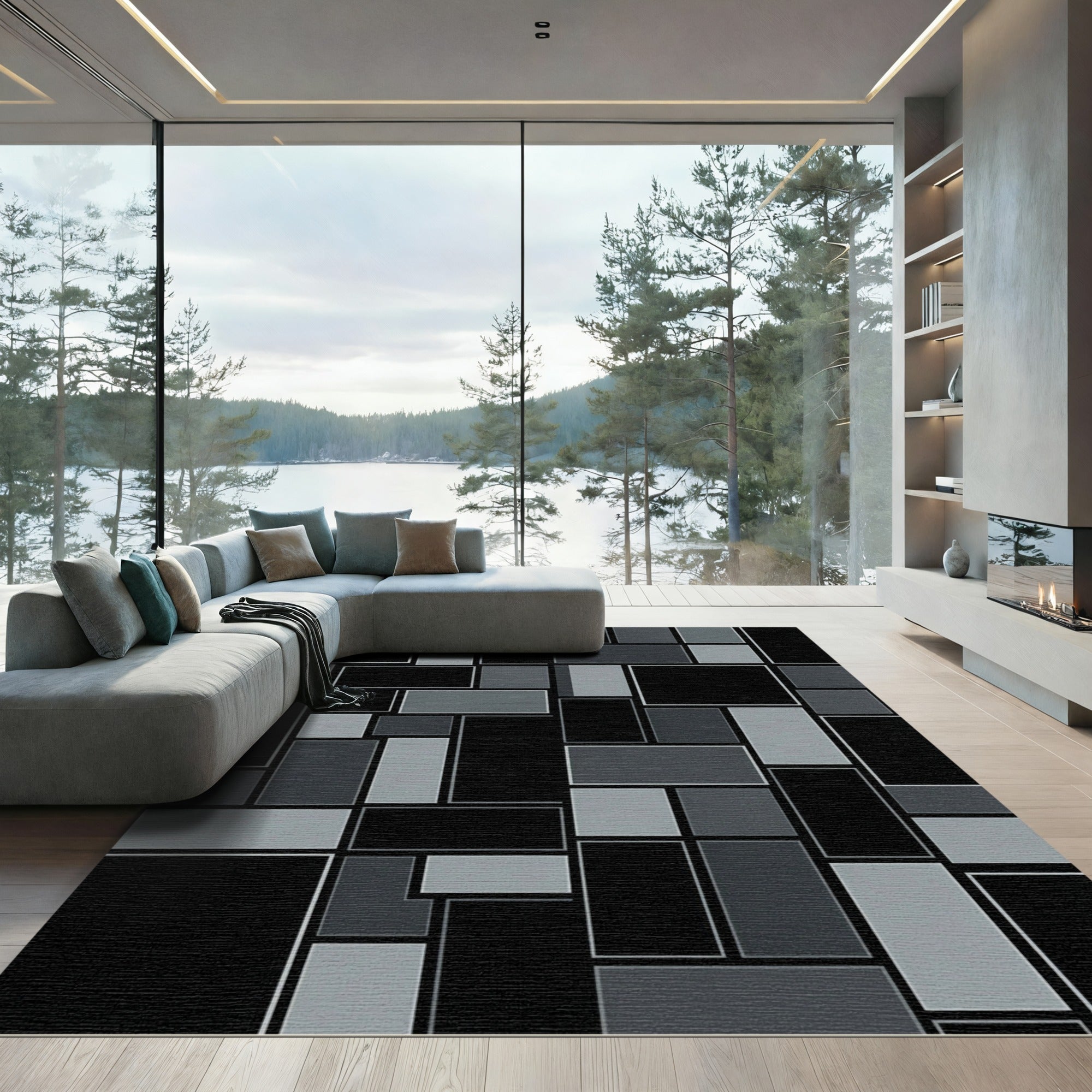 Monochrome Geometric Composition Rectangles Rug