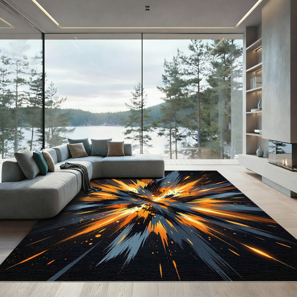 Dynamic Orange Blue Abstract Burst Rug