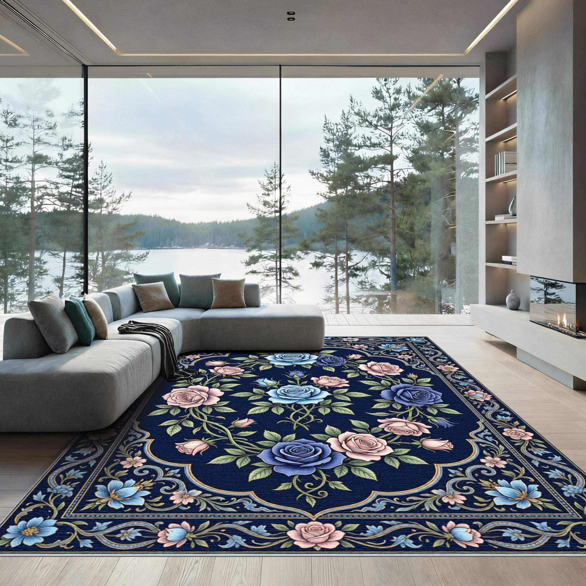 Navy Blue Floral Rose Bouquet Rug