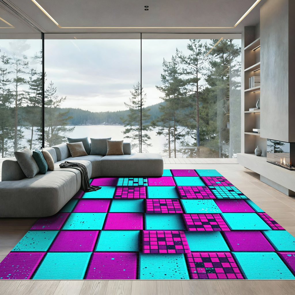 Neon Pixel Grid Abstract Mosaic Rug