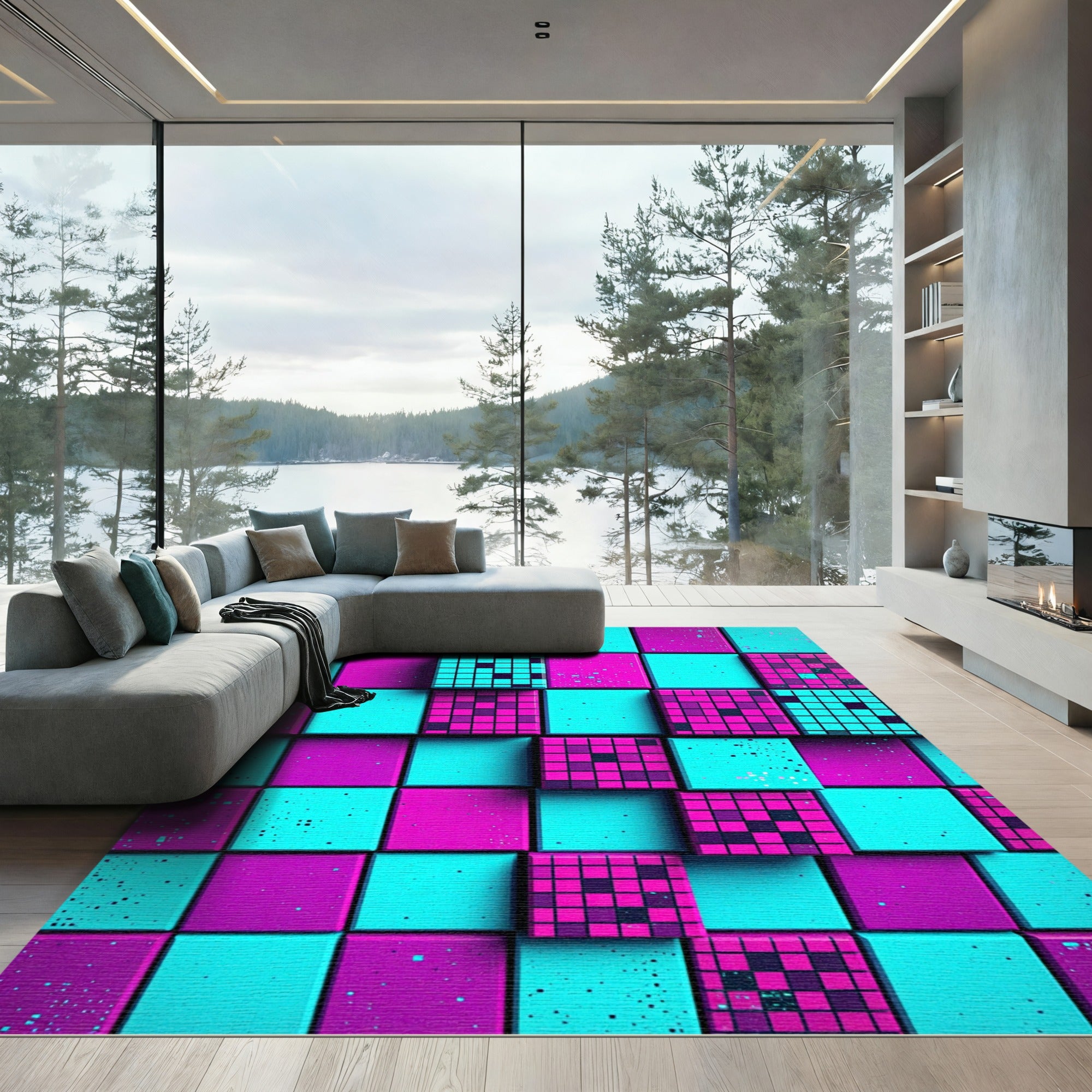 Neon Pixel Grid Abstract Mosaic Rug