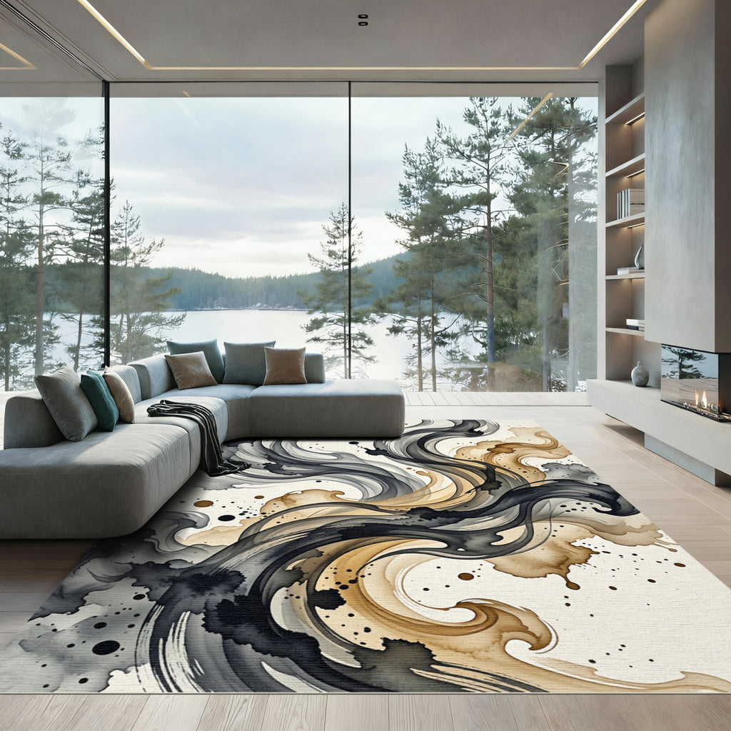 Ink Swirl Black Gold Abstract Flow Rug