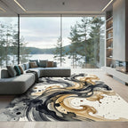 Ink Swirl Black Gold Abstract Flow Rug