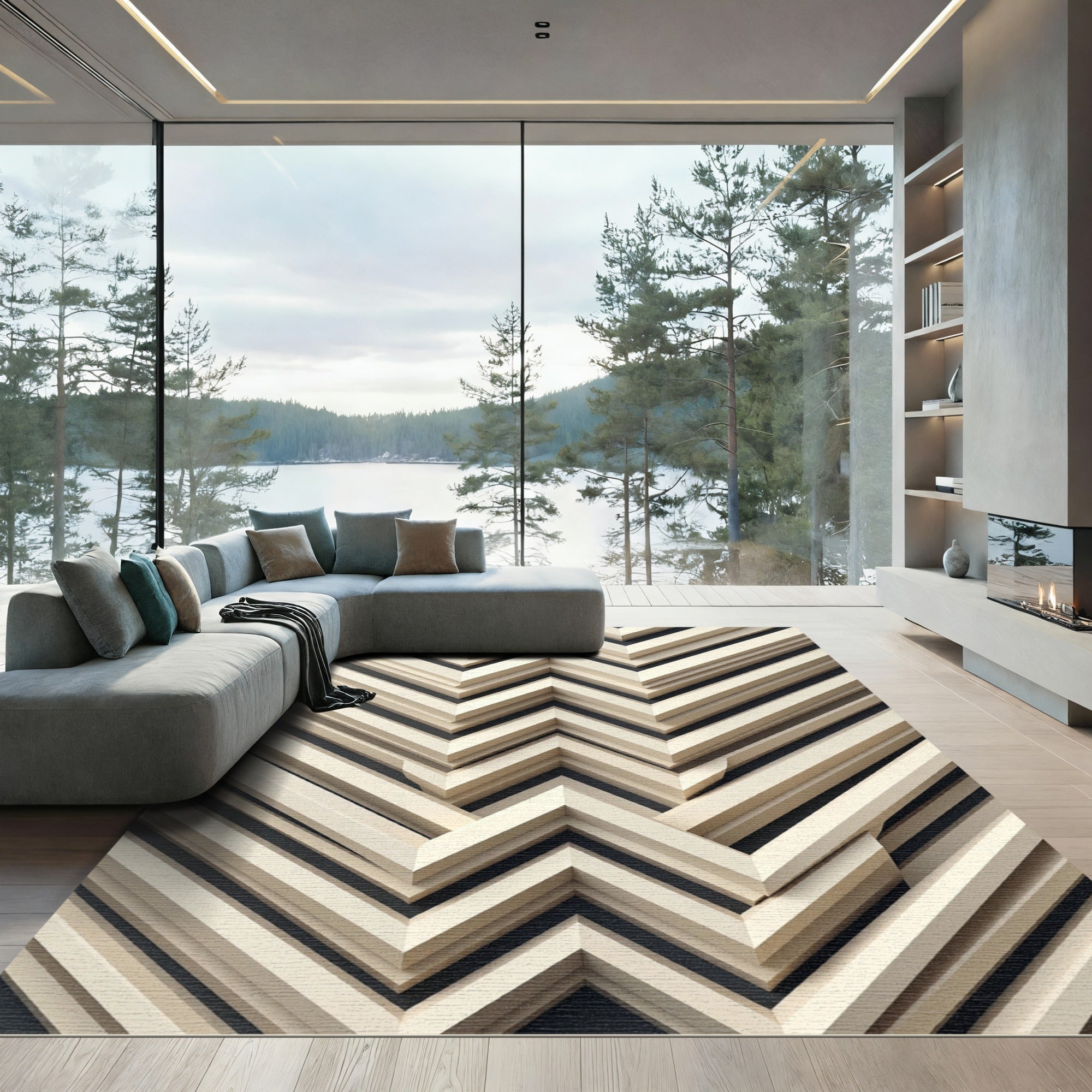 Modern Light Beige Chevron Layered Rug