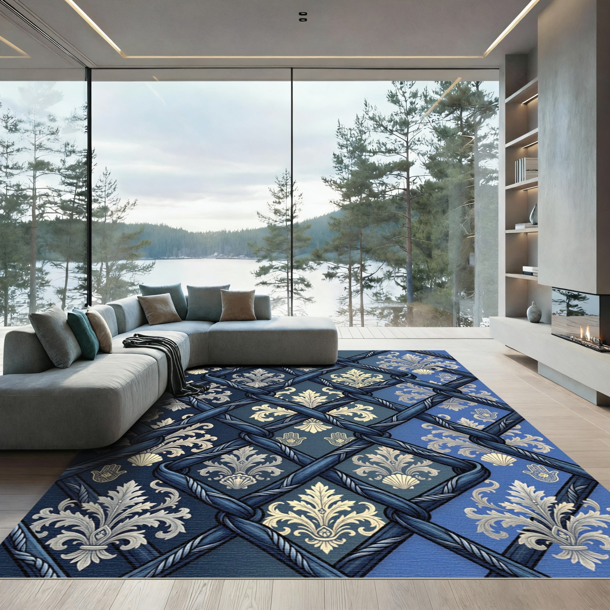 Navy Blue Regal Damask Lattice Rug
