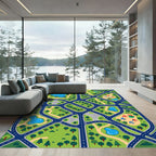 Vibrant Blue City Street Village Map Rug
