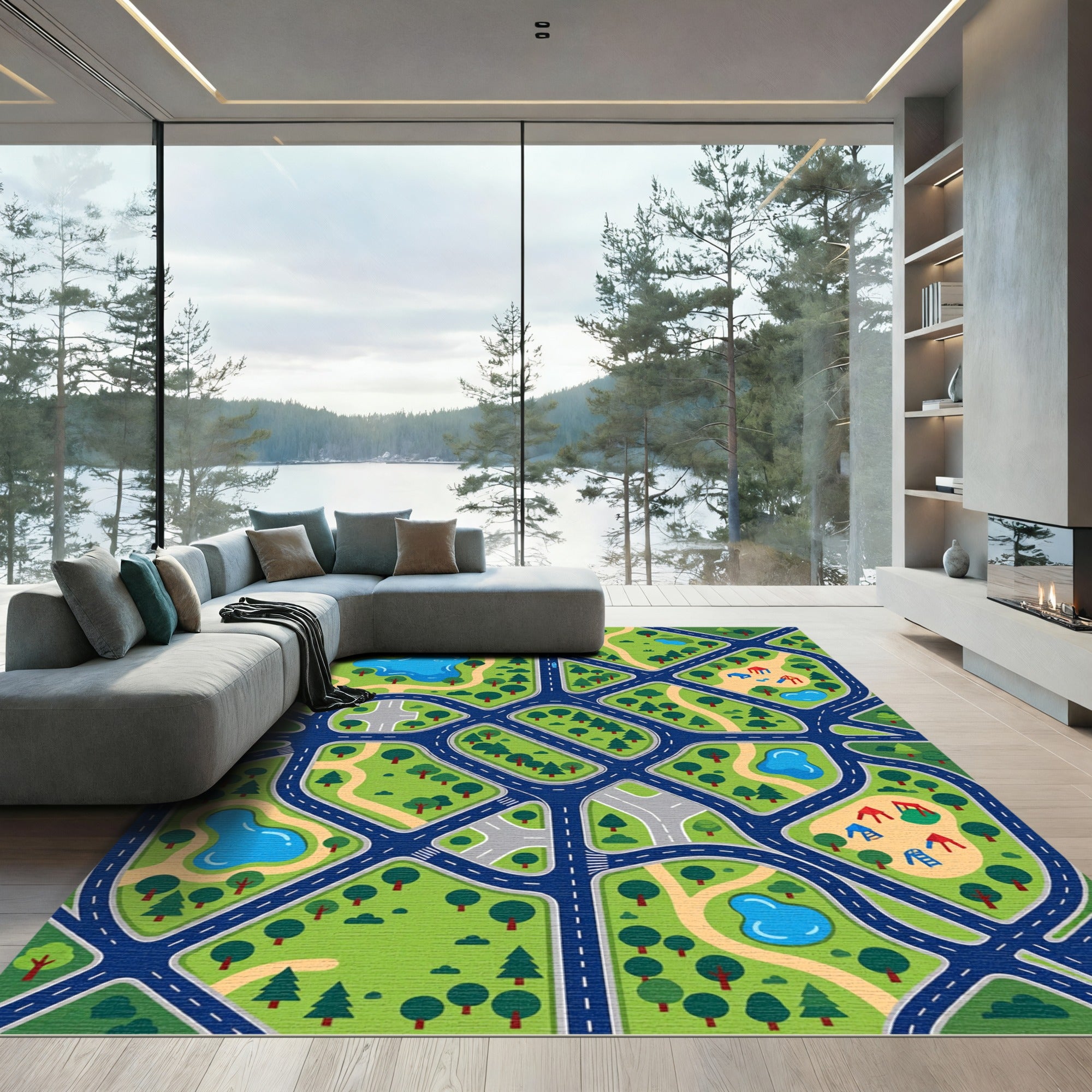 Vibrant Blue City Street Village Map Rug