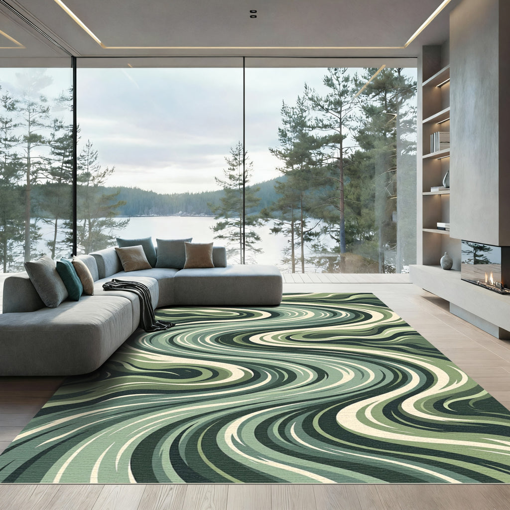 Earthy Green Wavy Abstract Ribbons Rug