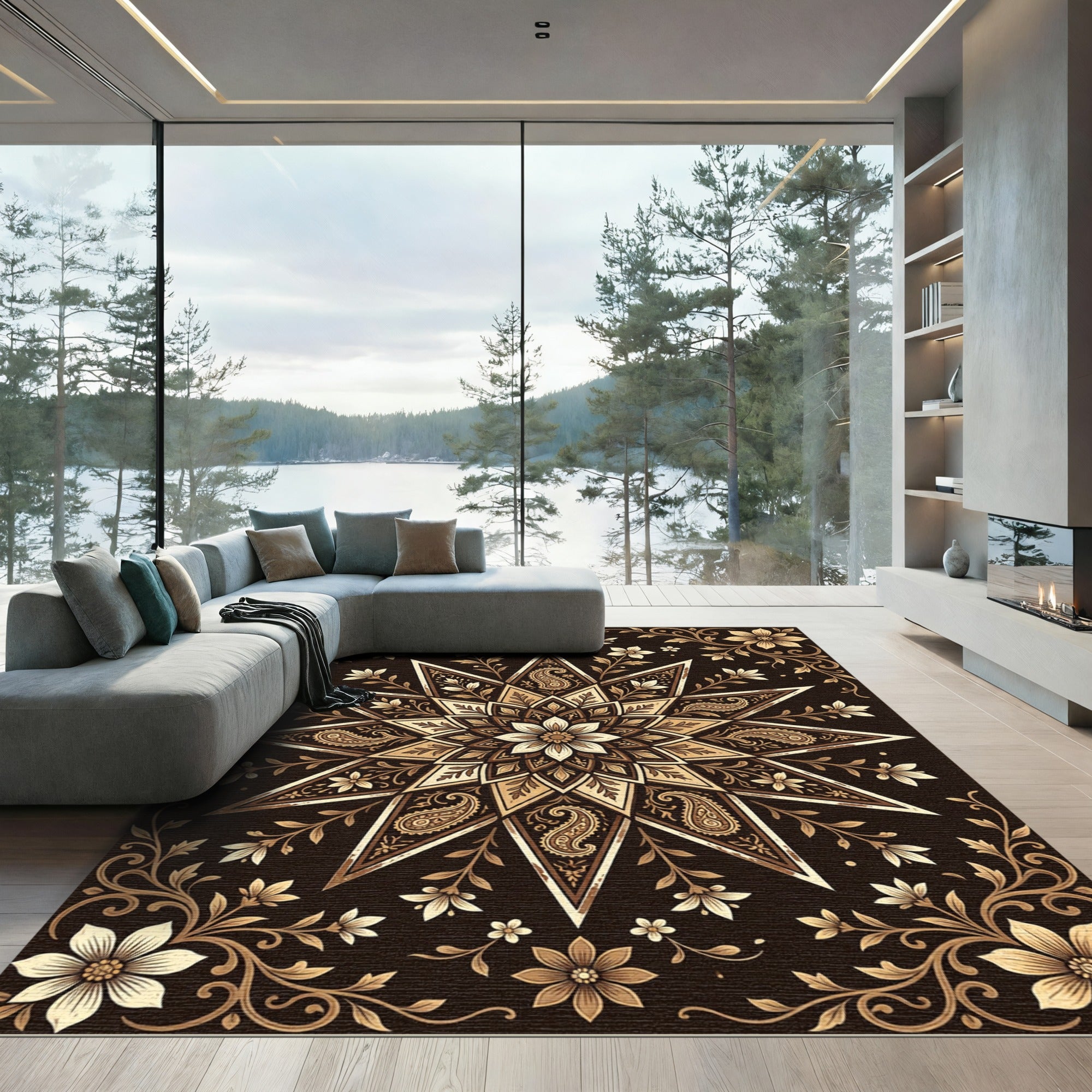 Ornate Starry Floral Sepia Mandala Rug