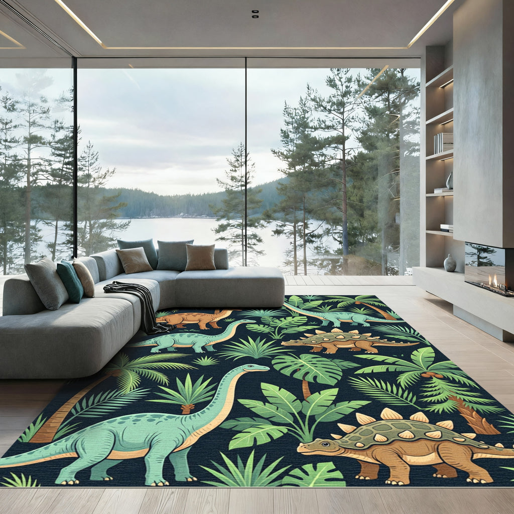 Tropical Dinosaur Foliage on Dark Navy Rug