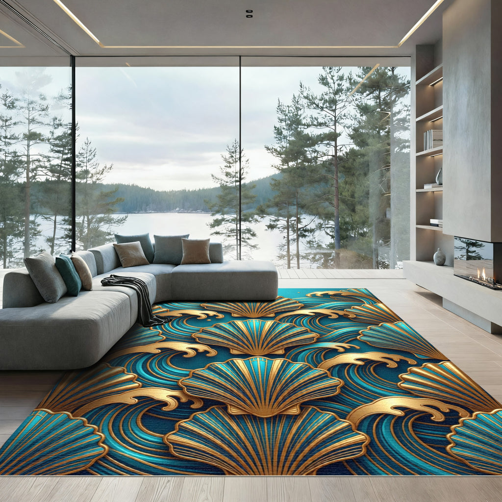 Golden Seashell Teal Wave Art Deco Rug