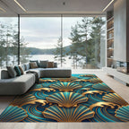 Golden Seashell Teal Wave Art Deco Rug