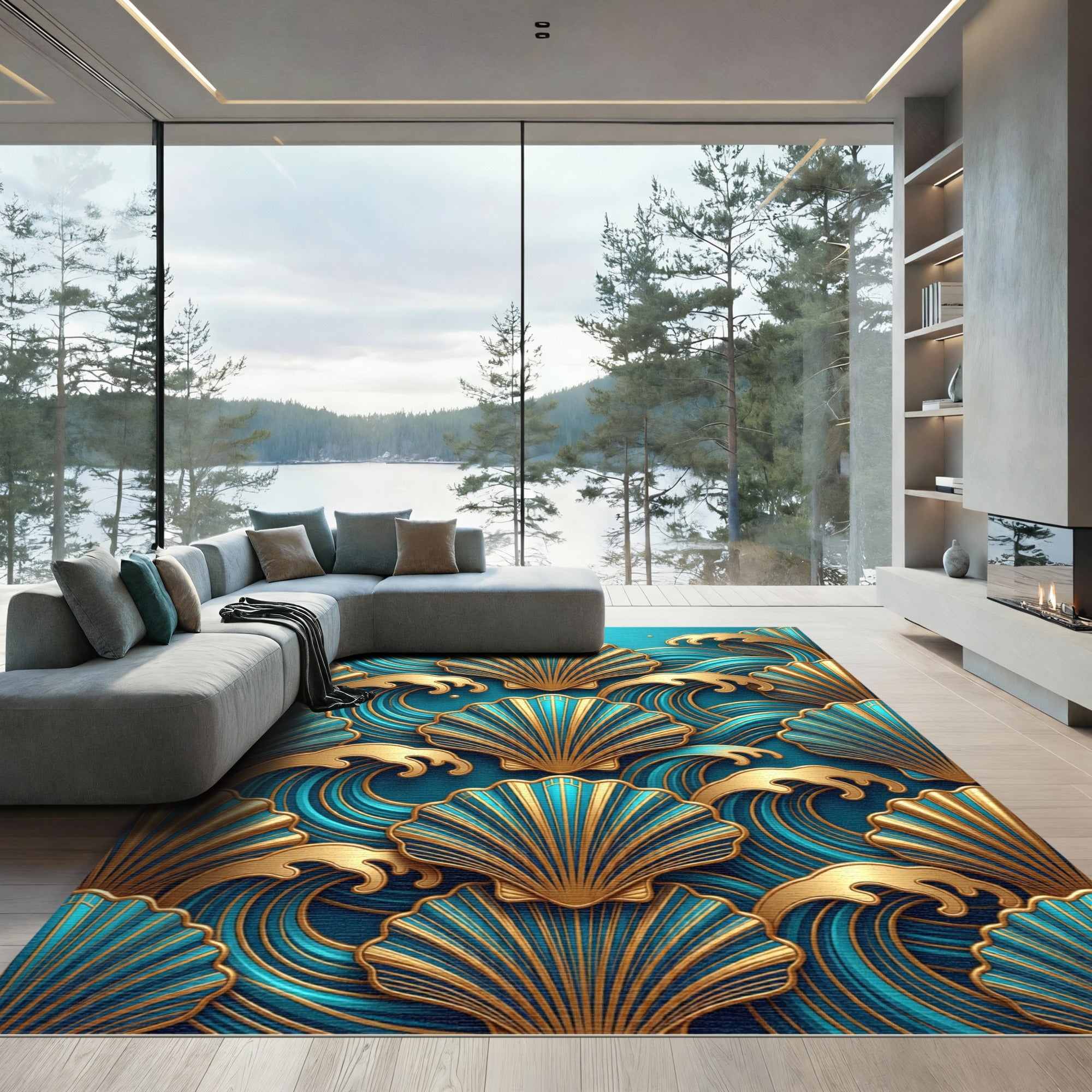 Golden Seashell Teal Wave Art Deco Rug