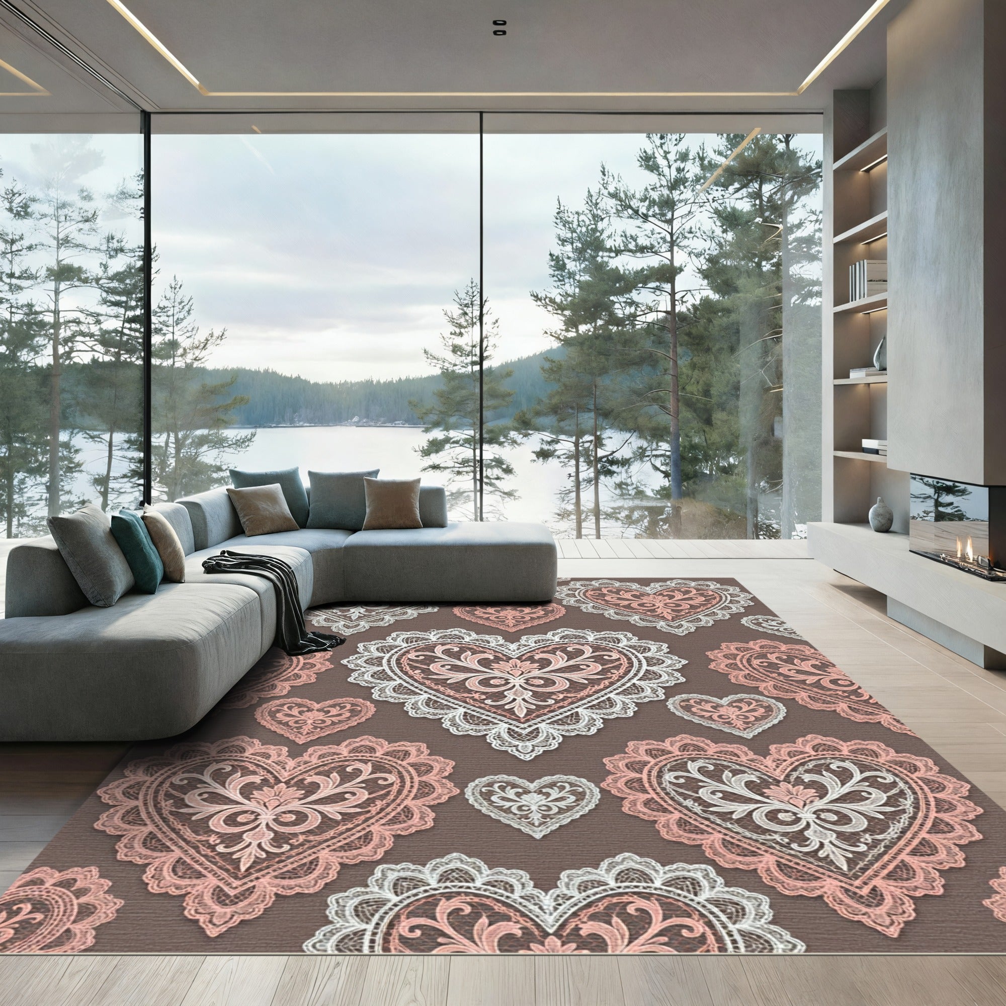 Lace Hearts White Pink Floral Rug