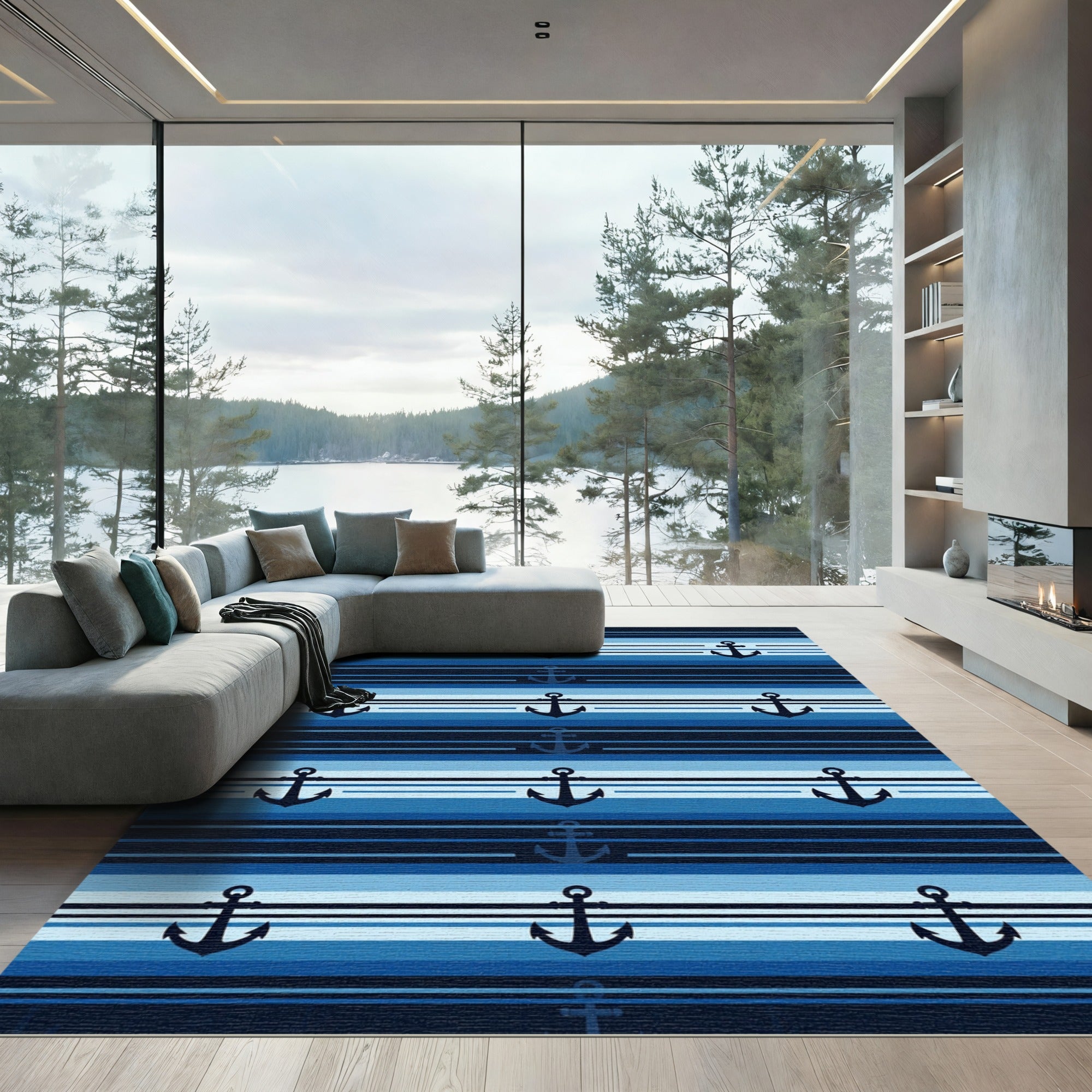 Navy Blue Anchor Striped Nautical Rug