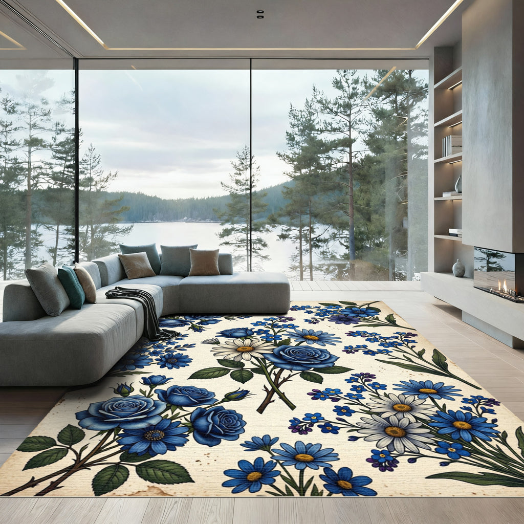 Deep Blue Floral Bouquet Accents Rug