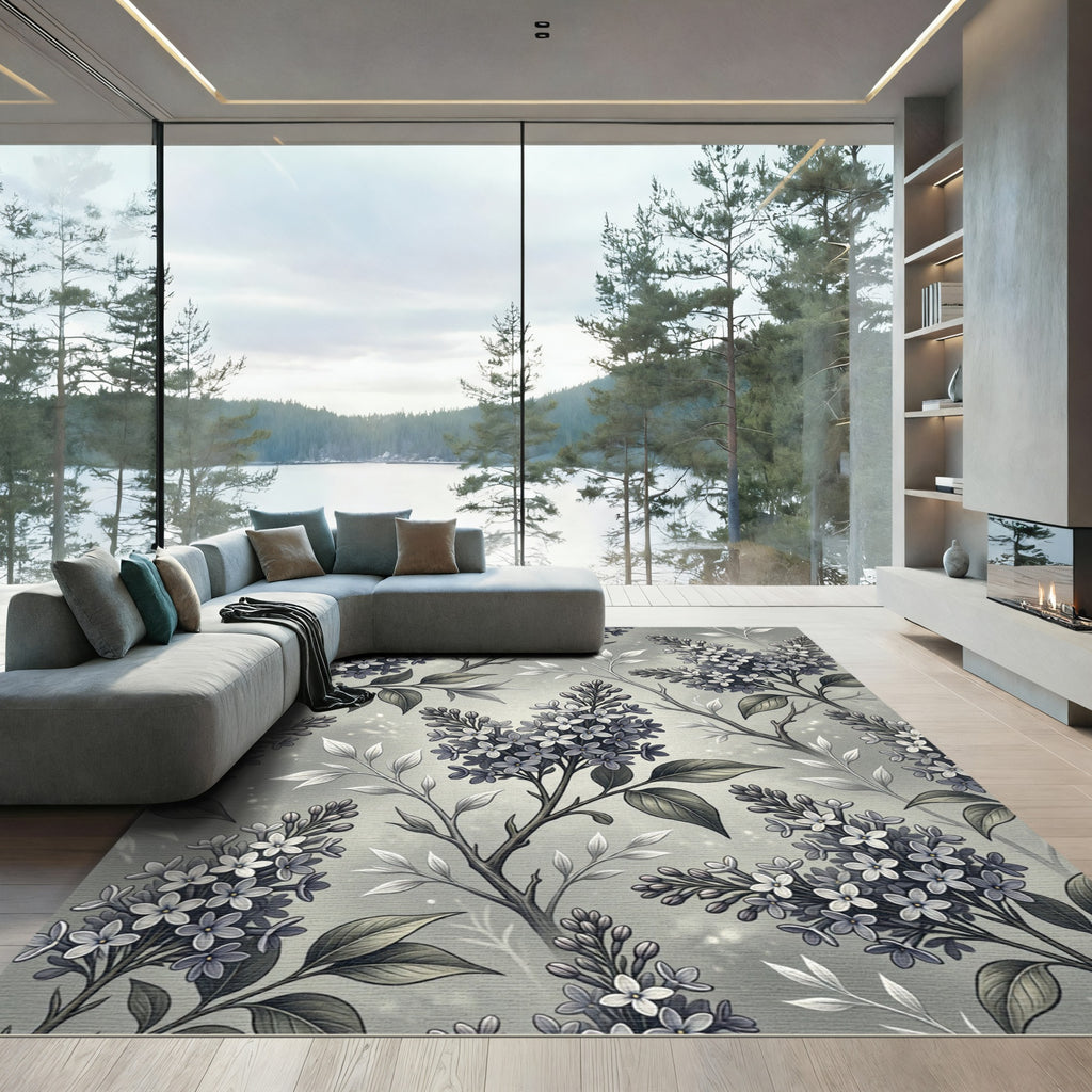 Monochromatic Lilac Blossom Botanical Illustration Rug