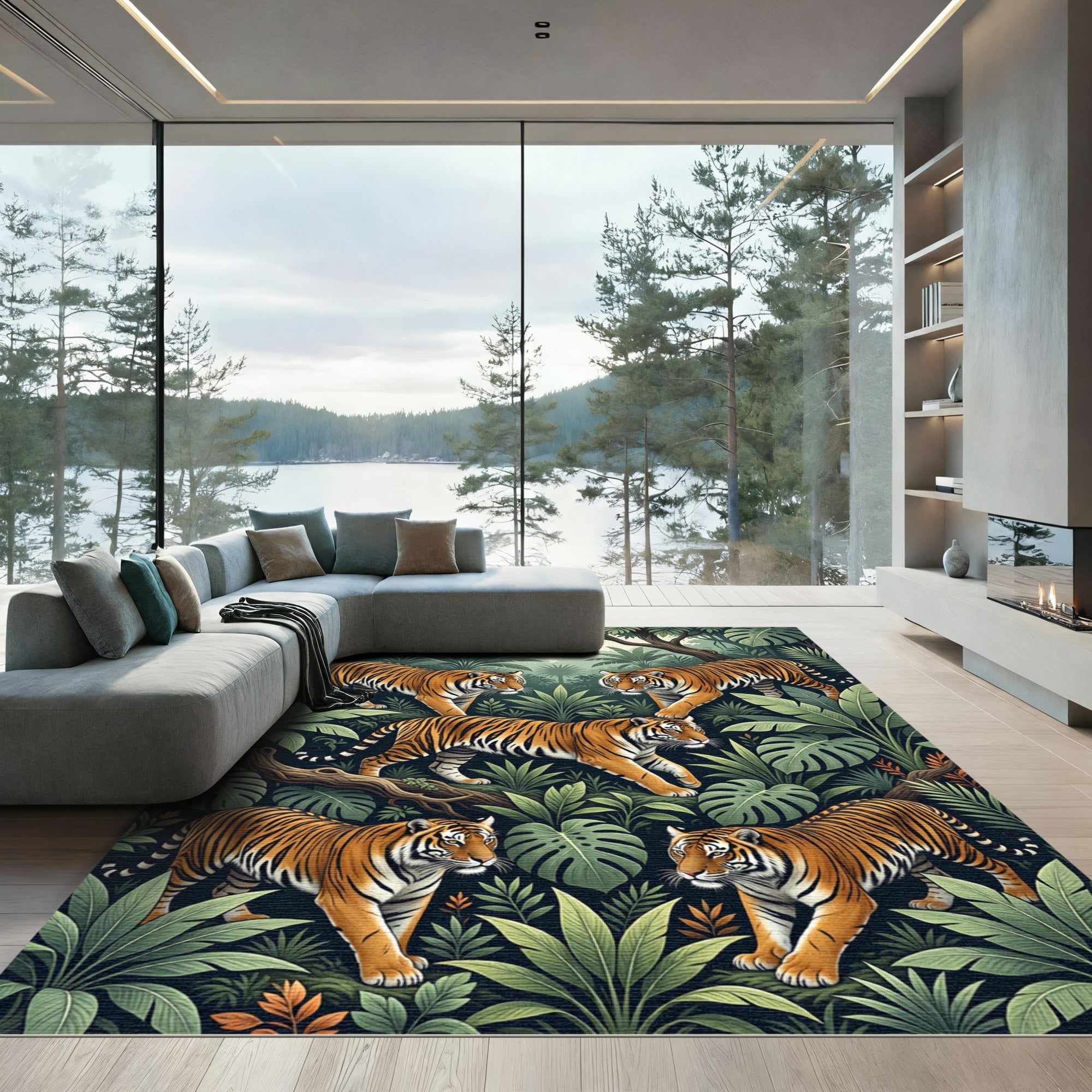Vibrant Orange Tigers Jungle Foliage Rug