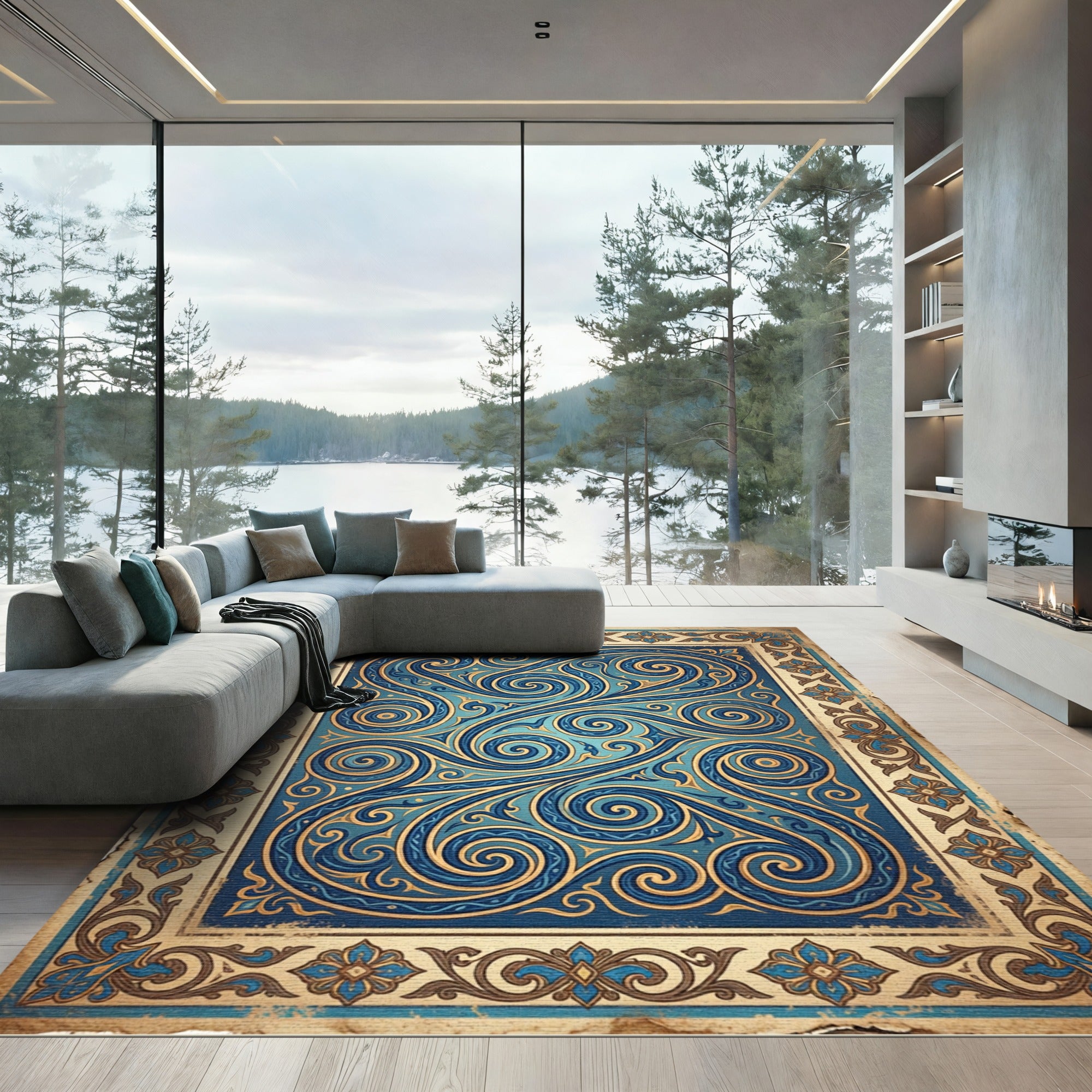 Cerulean Swirls and Golden Filigree Flourish Rug