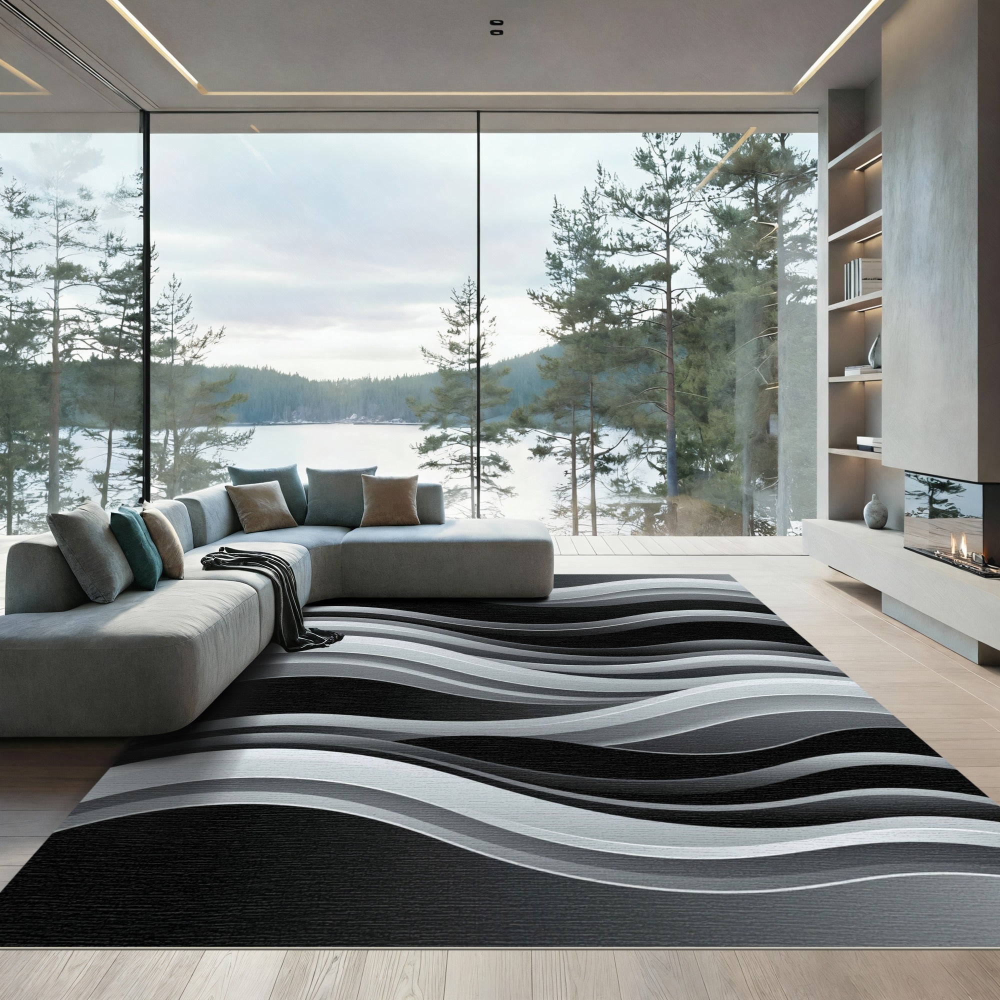 Modern Monochrome Flowing Abstract Waves Rug