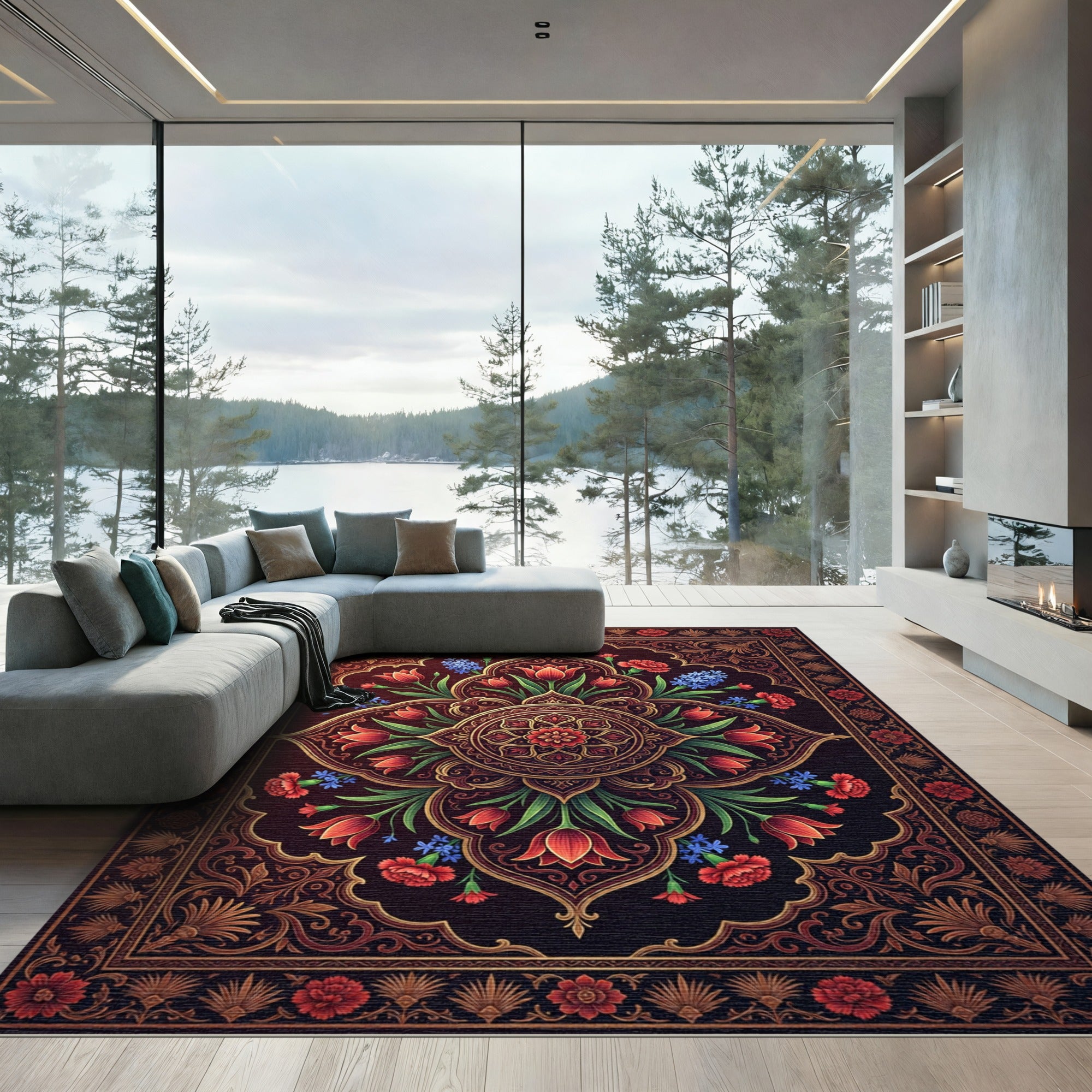 Crimson Red Floral Medallion Aubergine Rug