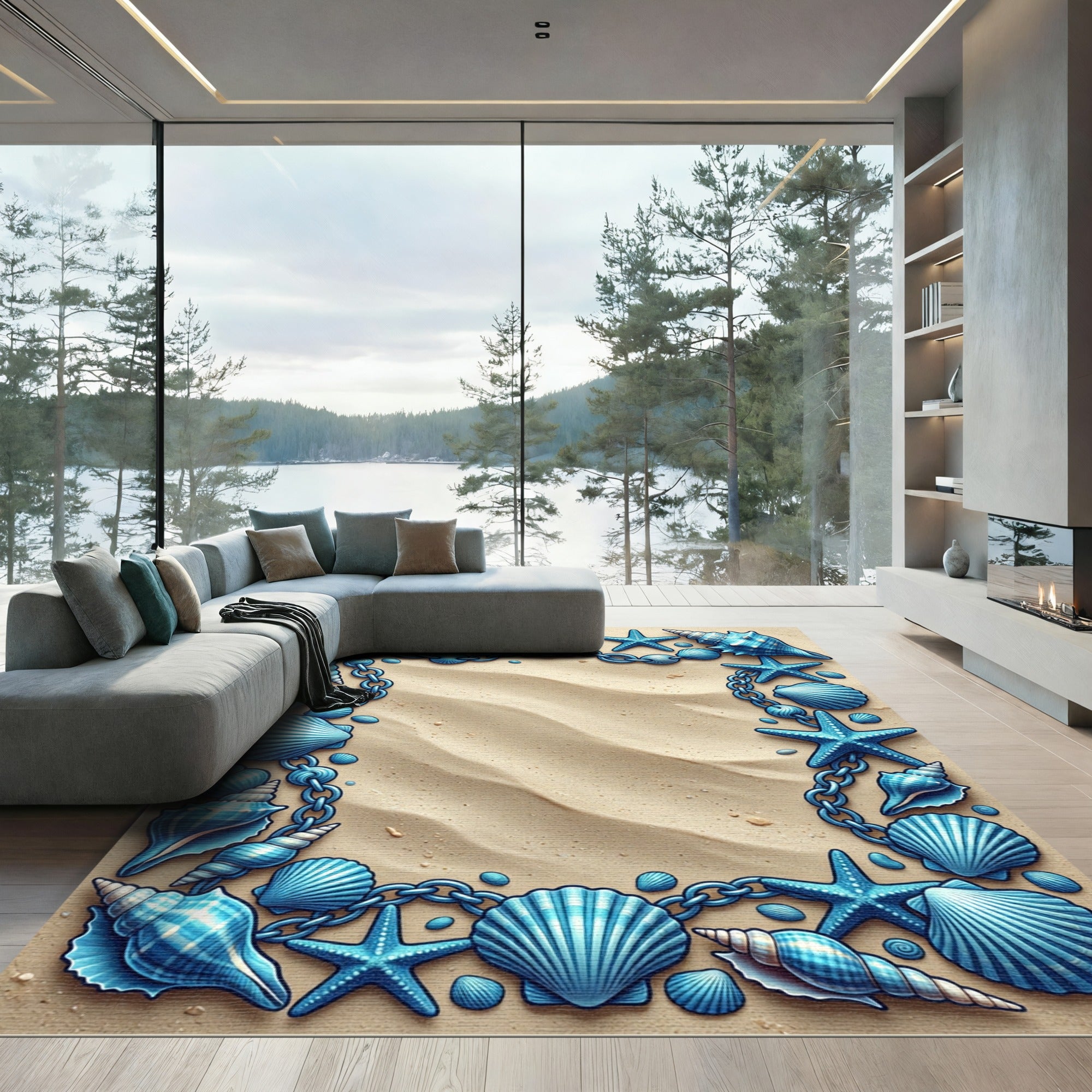 Coastal Blue Seashell Starfish Frame Rug