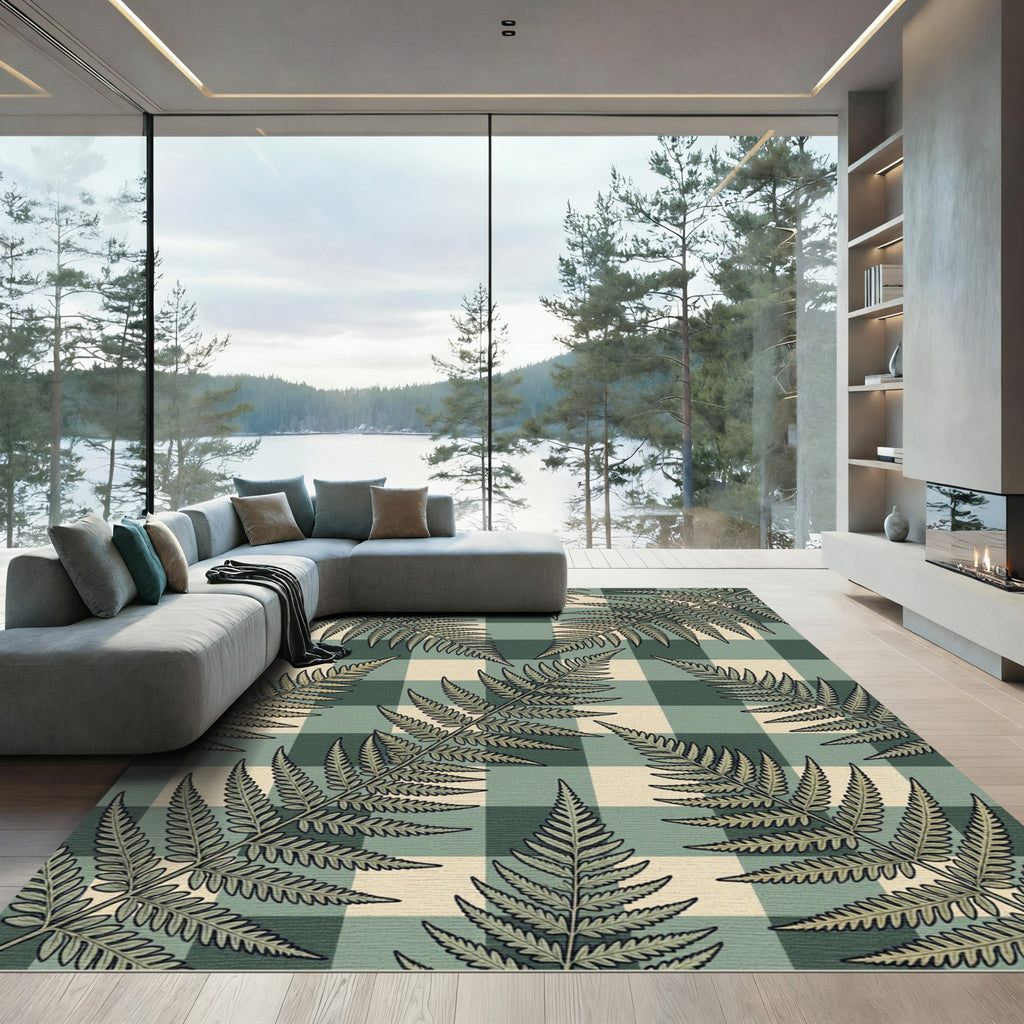 Green Beige Fern Buffalo Plaid Rug