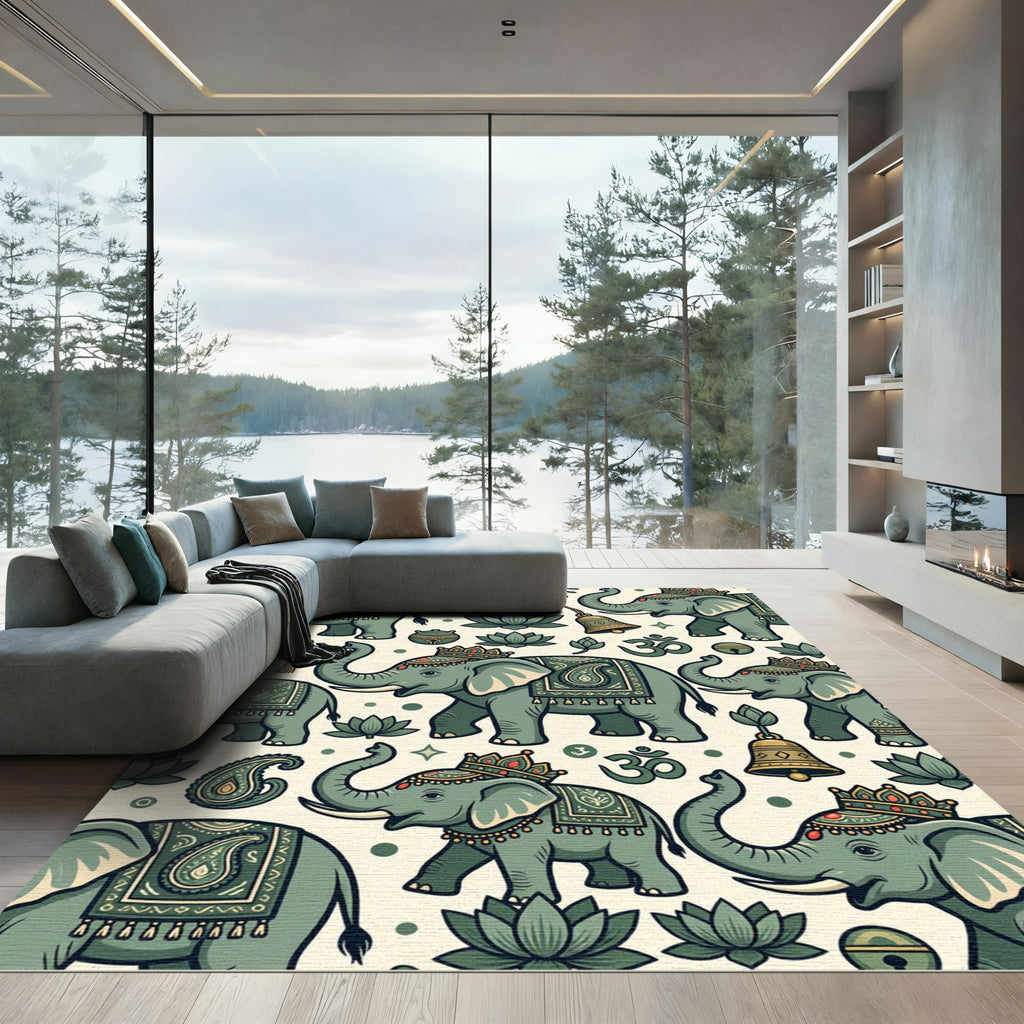 Sage Green Elephant Lotus Boho Illustration Rug