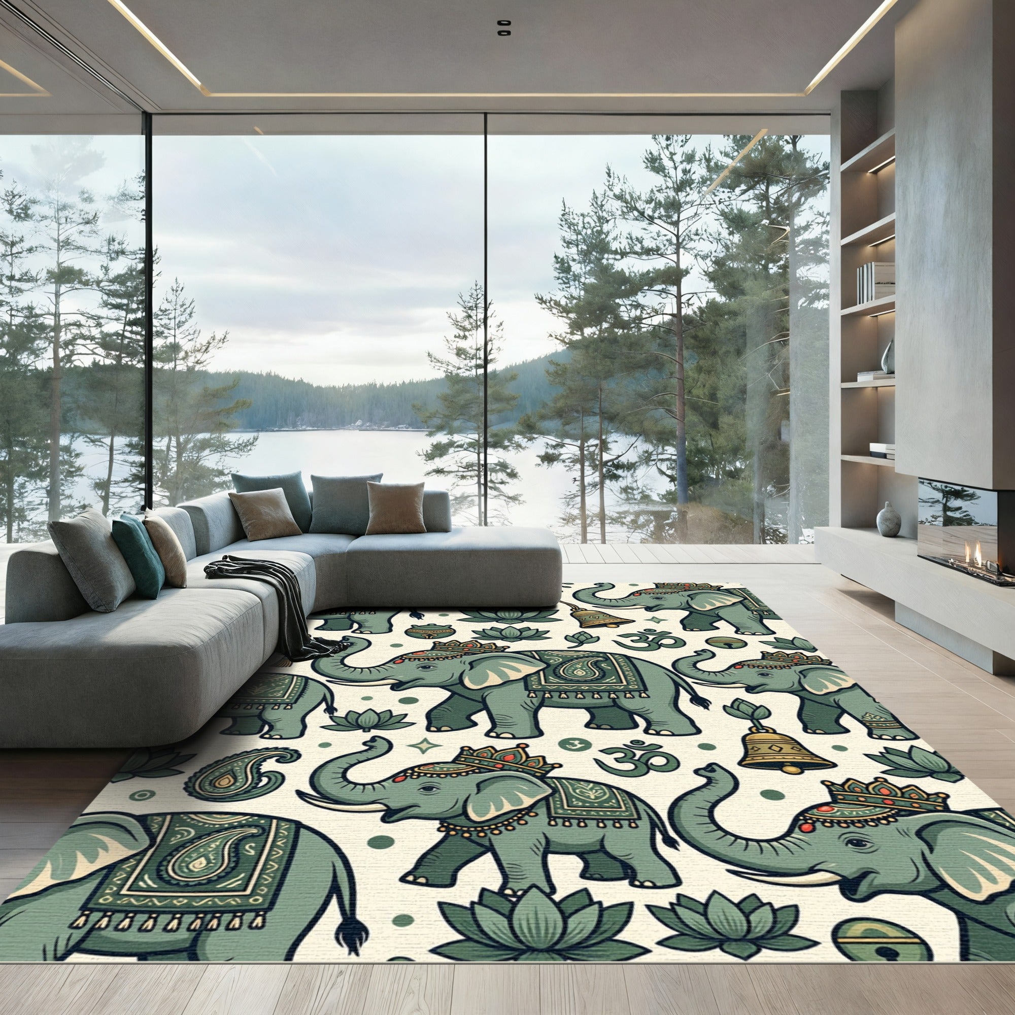 Sage Green Elephant Lotus Boho Illustration Rug