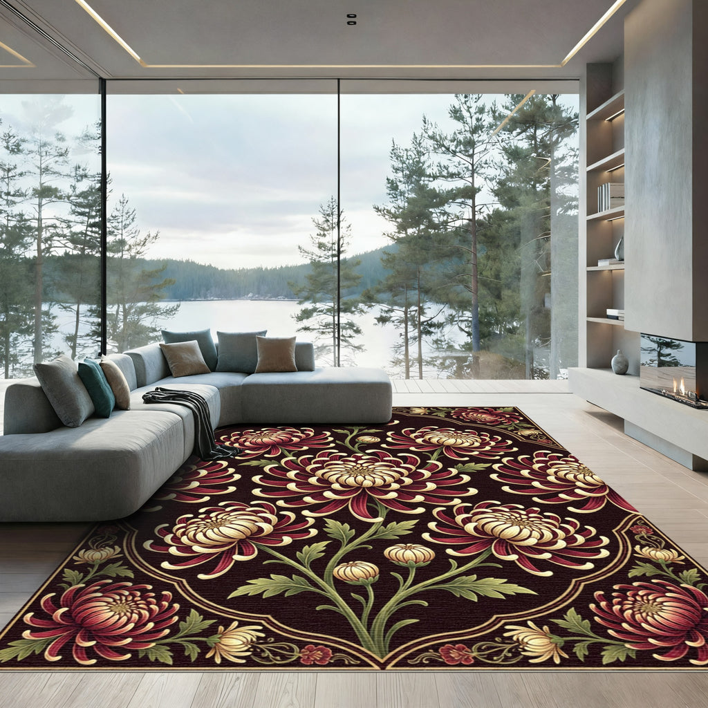 Deep Red Chrysanthemum Floral Symmetry Rug