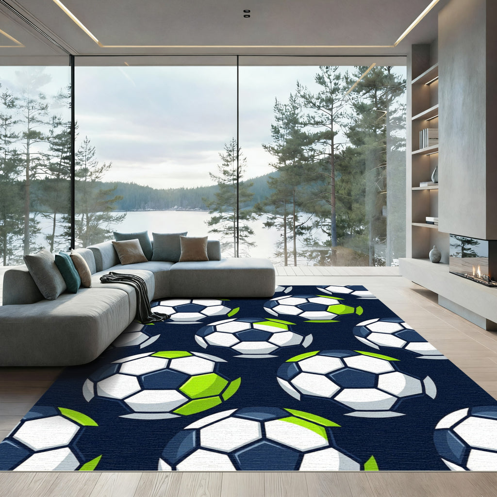 Graphic Soccer Ball Hexagon Navy Lime Rug