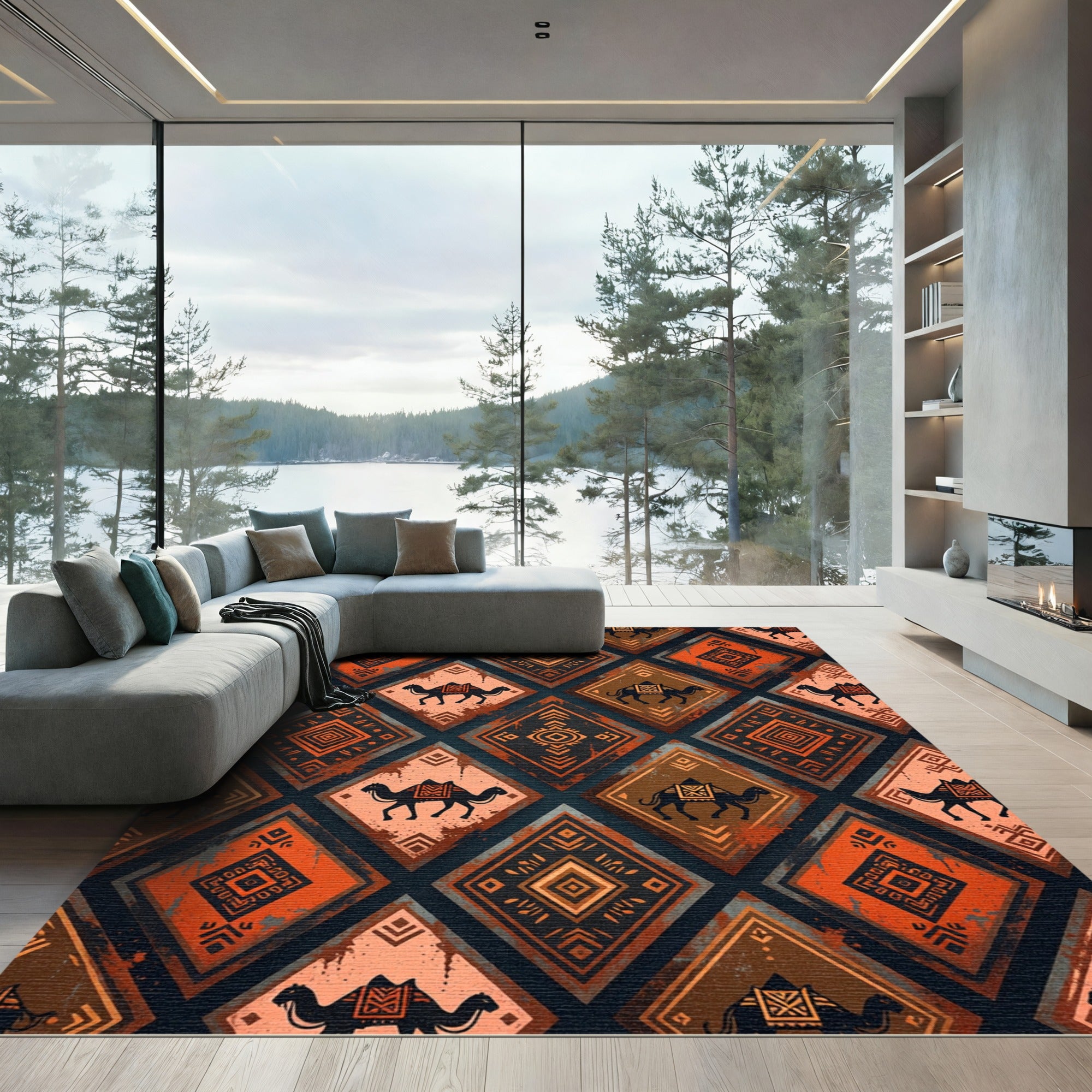 Rustic Desert Camel Geometric Diamond Area Rug