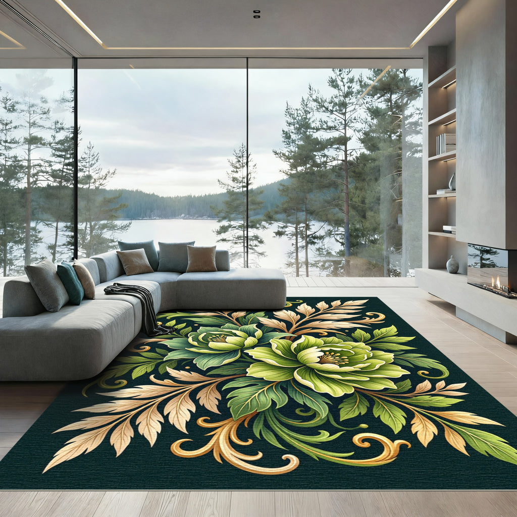 Elegant Sage Floral Botanical Scroll Rug