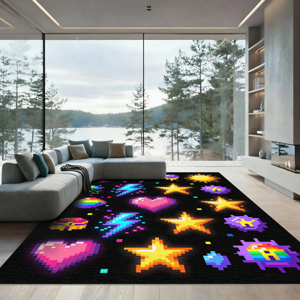 Vibrant Neon Retro Pixel Icon Art Rug