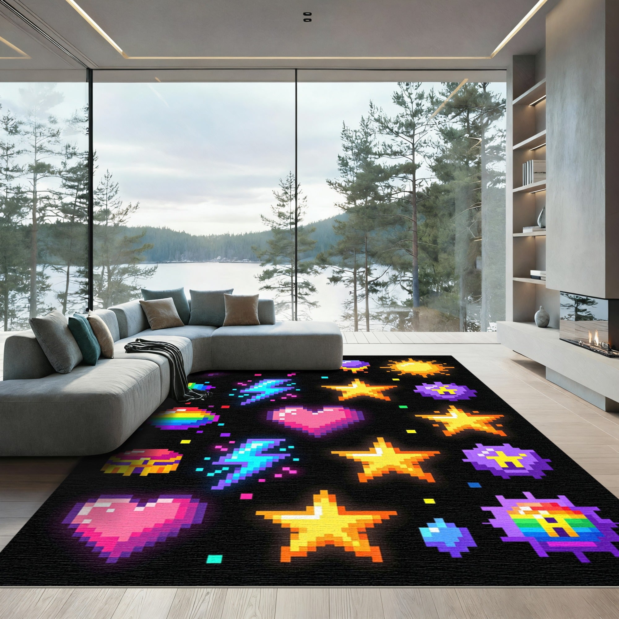Vibrant Neon Retro Pixel Icon Art Rug