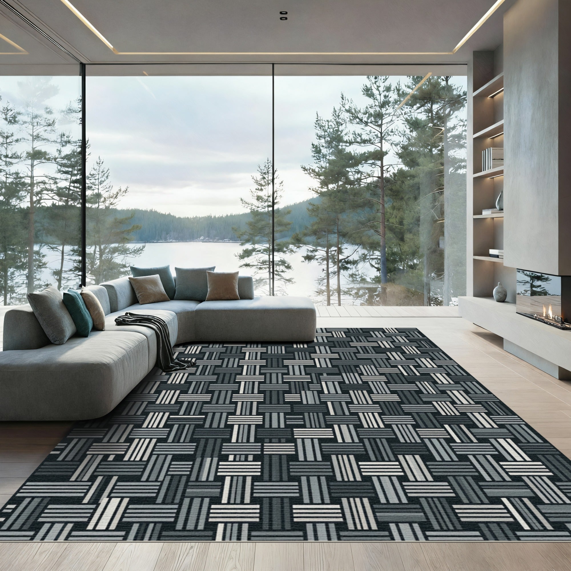 Modern Monochrome Woven Basket Weave Rug