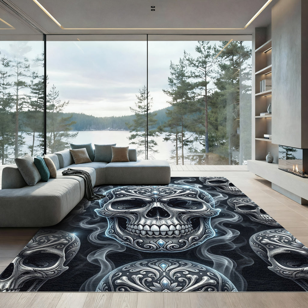Silver Victorian Skull Smoke Embellished Rug