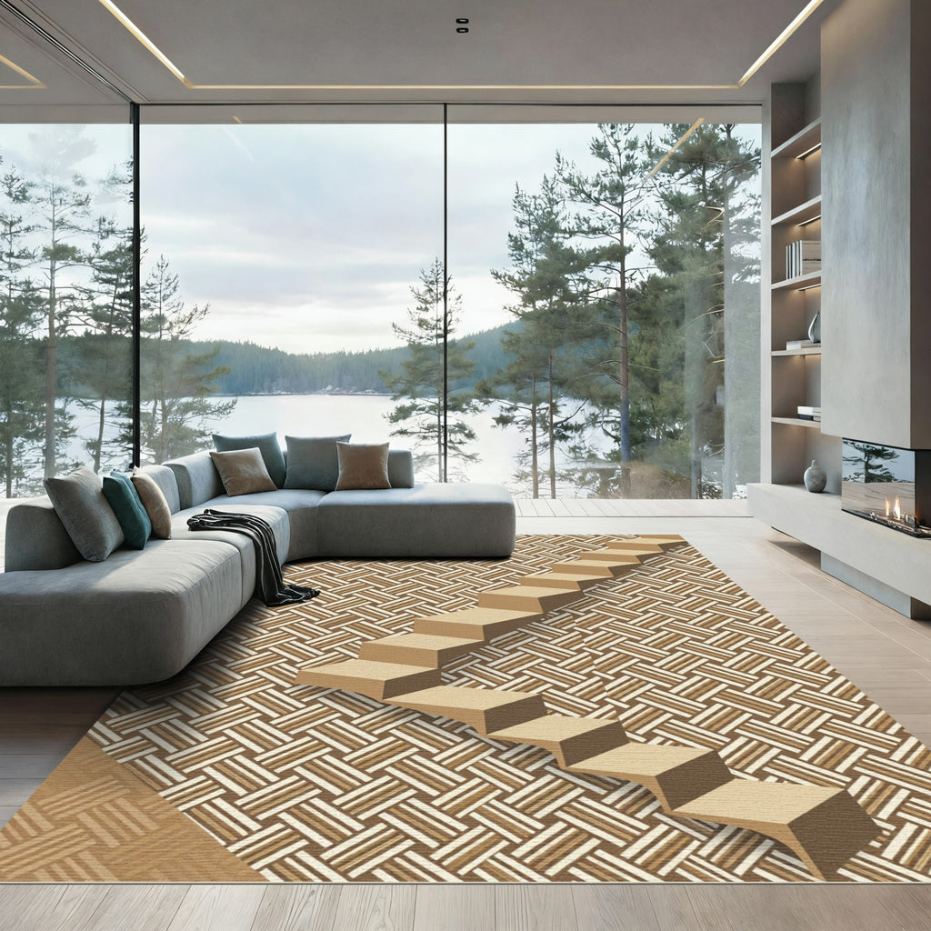 Geometric Brown Beige Basketweave Rug