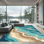 Abstract Teal Ocean Wave Sandy Shore Rug