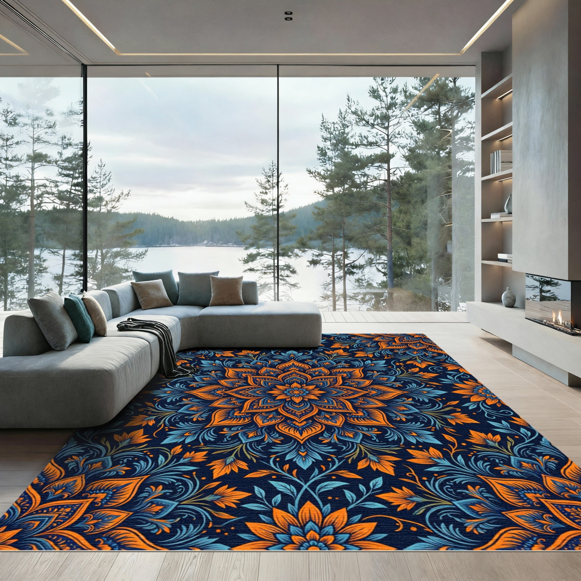 Orange Blue Floral Medallion Art Rug