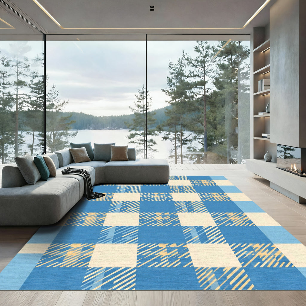 Blue and Cream Gingham Check Grid Rug