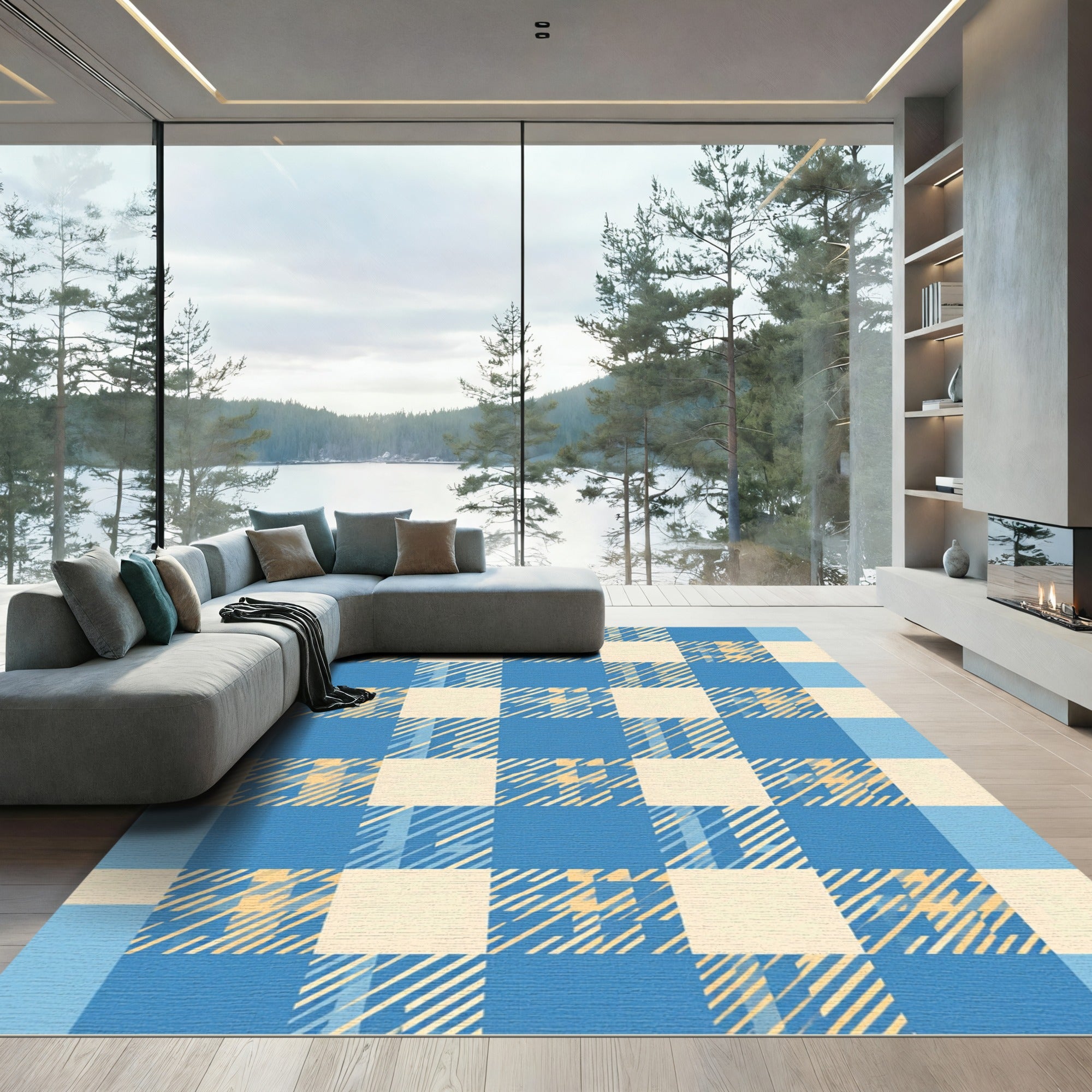 Blue and Cream Gingham Check Grid Rug