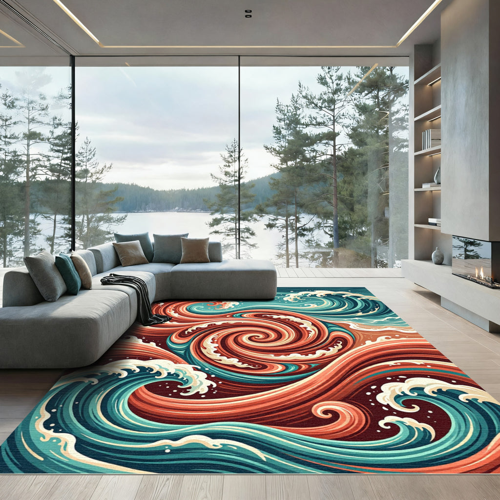 Abstract Crimson Teal Swirling Ocean Flow Rug