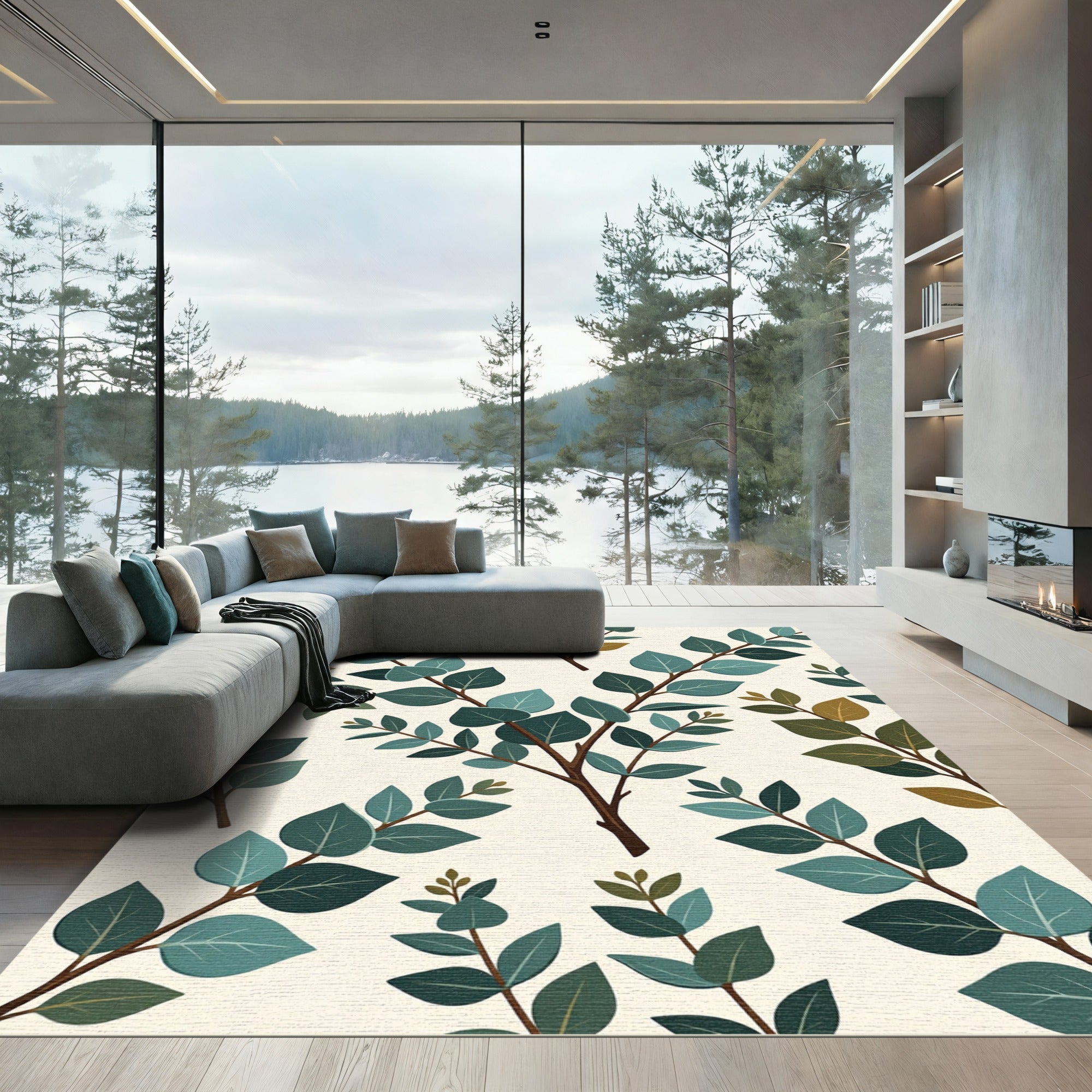 Lush Green Eucalyptus Botanical Foliage Rug