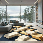 Minimalist Cream and Gold Geometric Blocks Rug