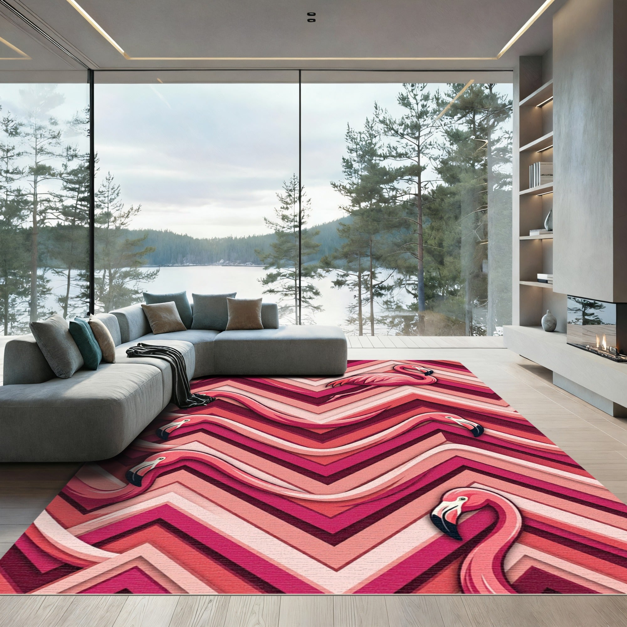 Vibrant Pink Flamingo Geometric Chevron Rug