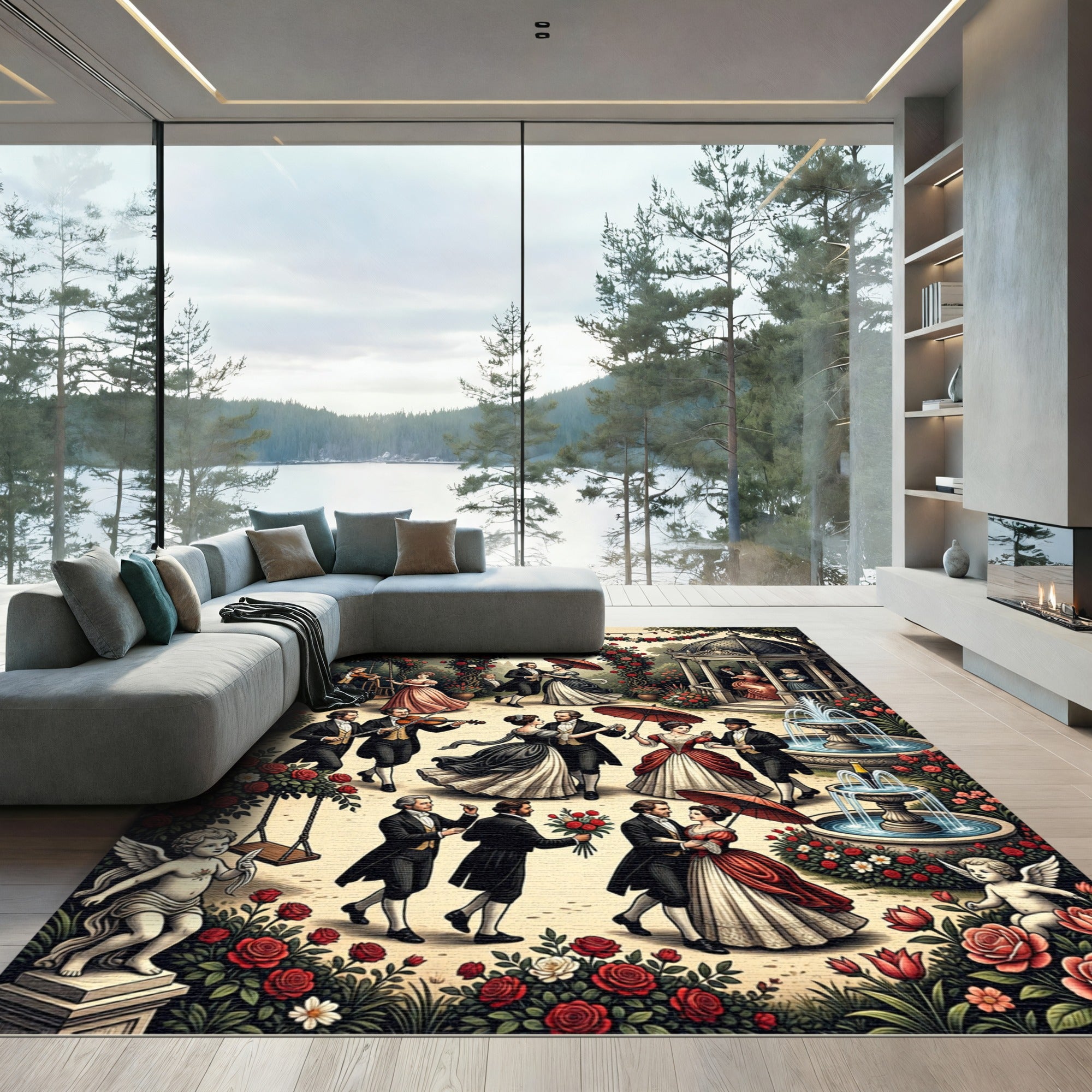 Regal Garden Romance Vintage Ball Scene Rug